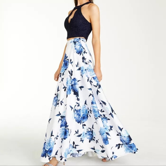 Prom Dress City Studio Juniors Lace Halter Top & Long Floral Skirt White & Blue - Picture 3 of 7